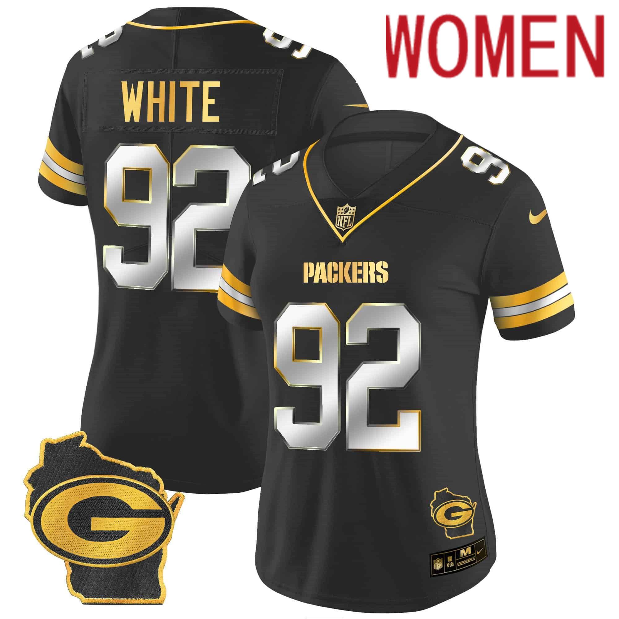 Women Green Bay Packers #92 White Black Gold 2024 Nike Home Patch Vapor NFL Jersey style 1